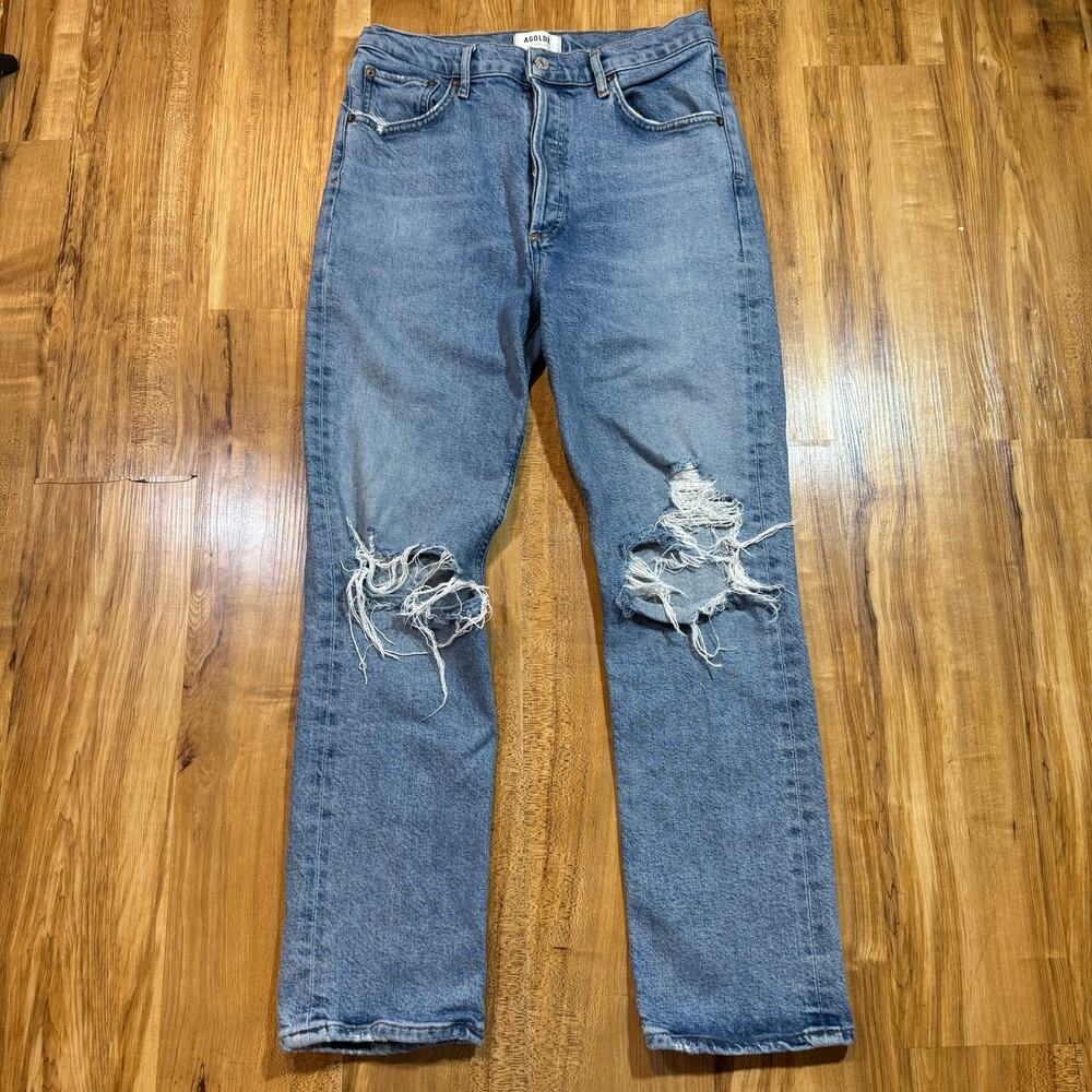 Agolde Medium Wash Riley High Rise Straight Crop Organic Cotton Jeans 28